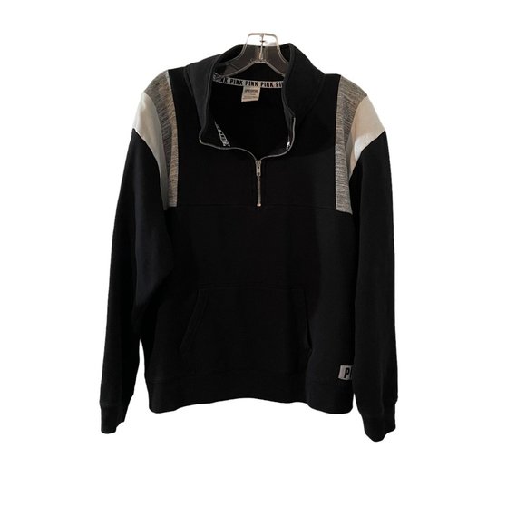Victoria Secret Pink Sweater Pullover Large Black/Gray 1/4 Zip Neck - Picture 1 of 5